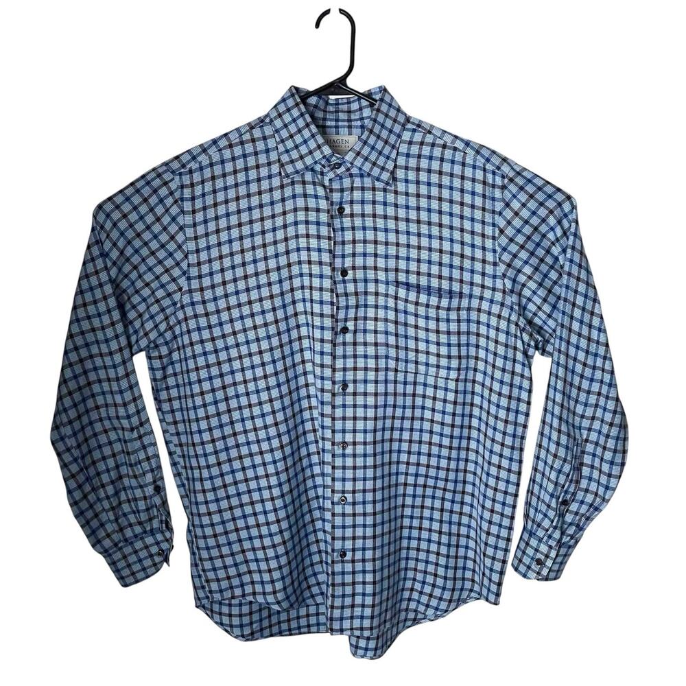 Men's Hagen Carmel CA Button Up Shirt Blue Poland Made Check 100% Cotton Size XL